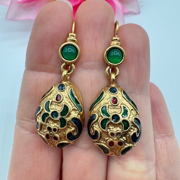 Vintage Faux Gripoix Turkish Style Enamel Dangle Earrings Ornate Leverback Chic - Picture 2 of 11